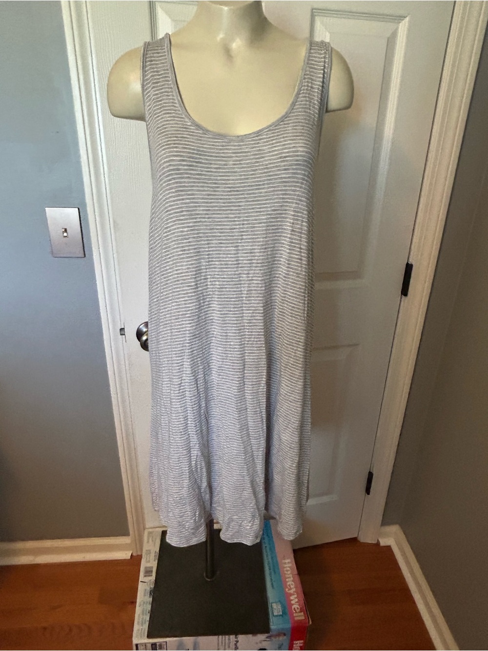 stars above Light Gray and White Striped Sleeveless Midi Dress